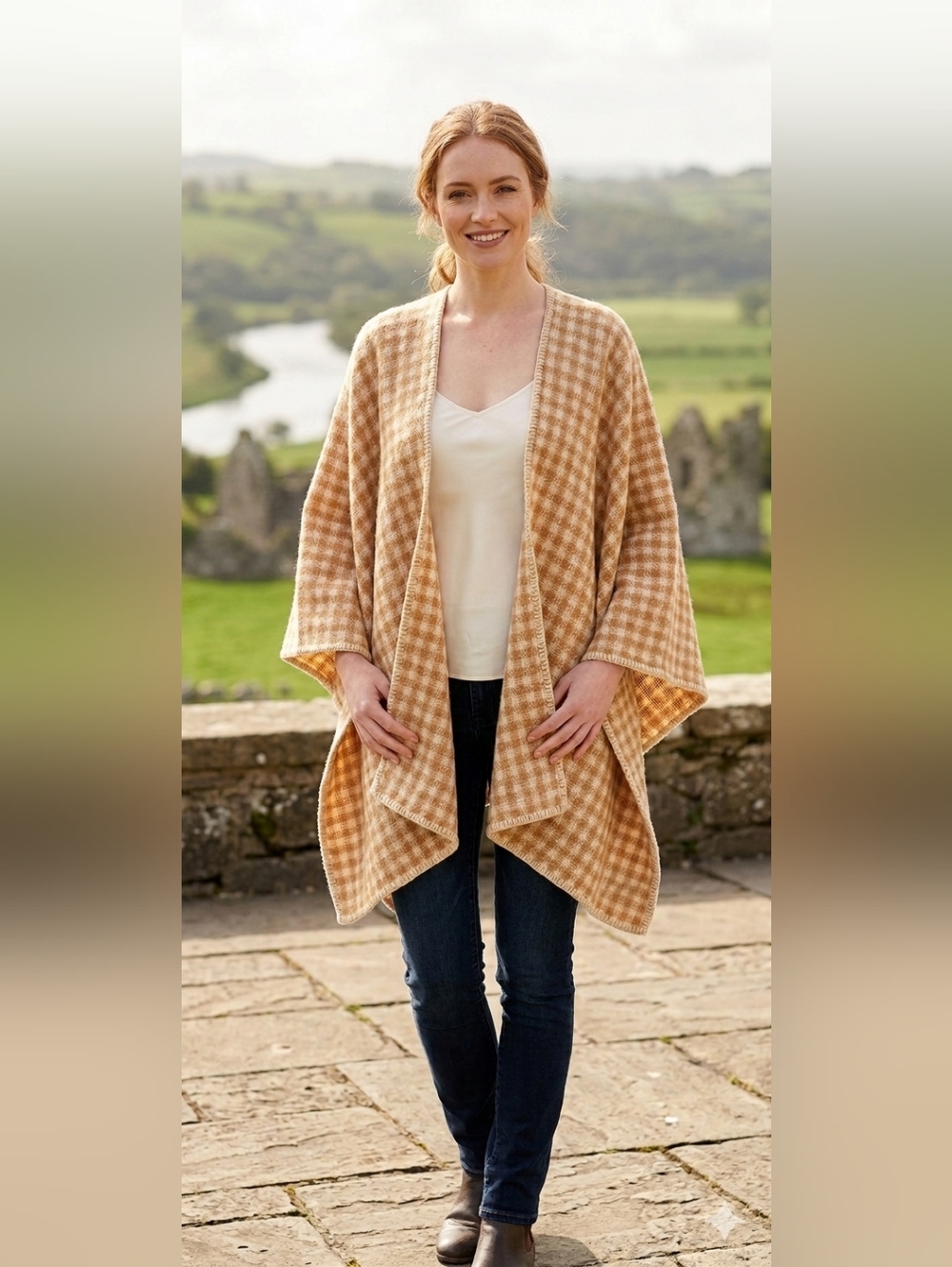 Boyne Valley Weavers Ireland Handcrafted Gingham Poncho Wrap Honey & Cream